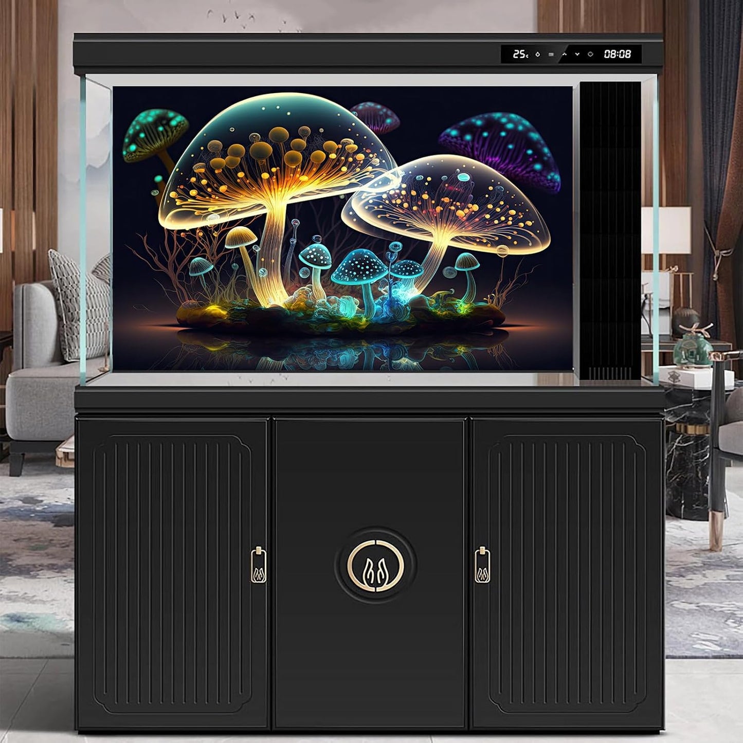 Mushroom Aquarium Background Abstract Glowing Fantasy Mushrooms Terrarium Background Mysterious Forest Magical Night In Circle Shape Crystal Glass Fish Tank Backdrop Decorations Vinyl 72x24in