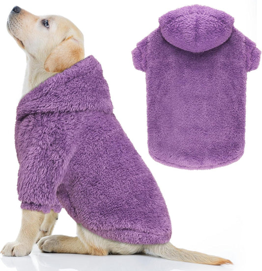 Fuzzy Dog Hoodie Dog Sweaters for Large Dogs Soft Double-Sided Plush Fleece Sweater Clothes Coats Hoodie Sherpa Hooded Sweatshirt(Purple-L)