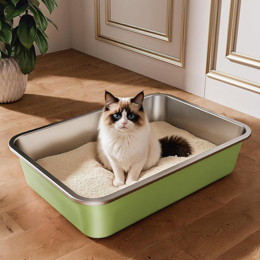 Stainless Steel Litter Box, Large Metal Cat Litter Box with High Sided for Big and Small Cats, Non-Stick, Easy to Clean, Odor-Free, 19.5" L×13.6" W×3.9" H, Leaf Green