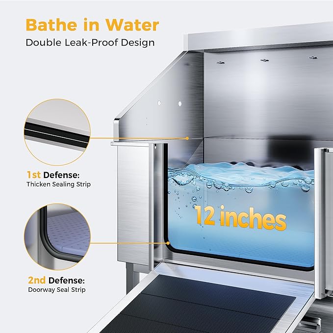 50" Dog Washing Station - 304 Stainless Steel, 27.4" Wide Ramp, Water-Storing Dog Bathing Station w/Swivel Wheels, Pet Proof Faucet, 2 Drawers, Dog Bathtub for Medium & Small Dogs