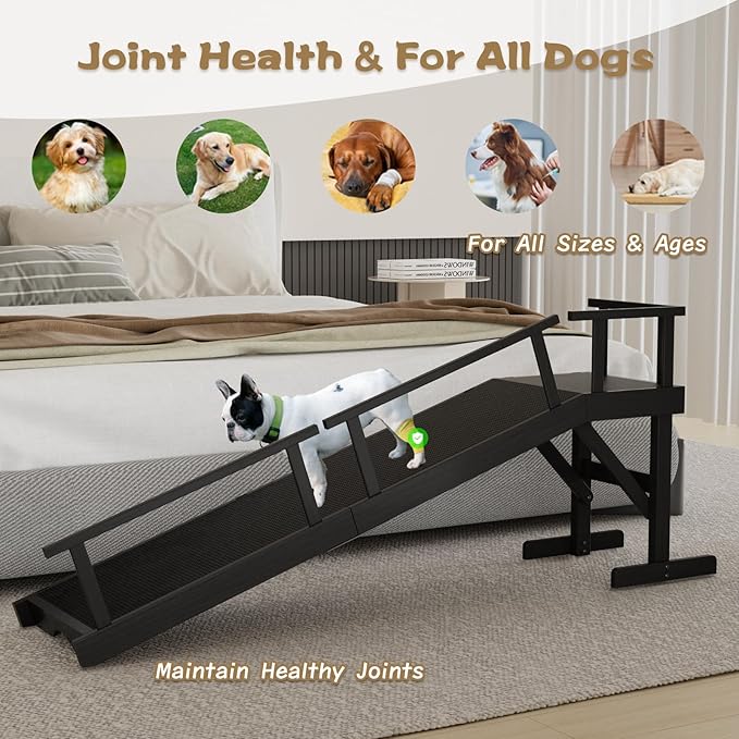 61" Dog Ramp for Bed, Pet Ramp with Removable Side Rail and Non-Slip Surface, Pet Ramp for Small & Large & Senior Dogs with Rest Platform and DIY Glow Strips,Dog Stairs for Couch,Black