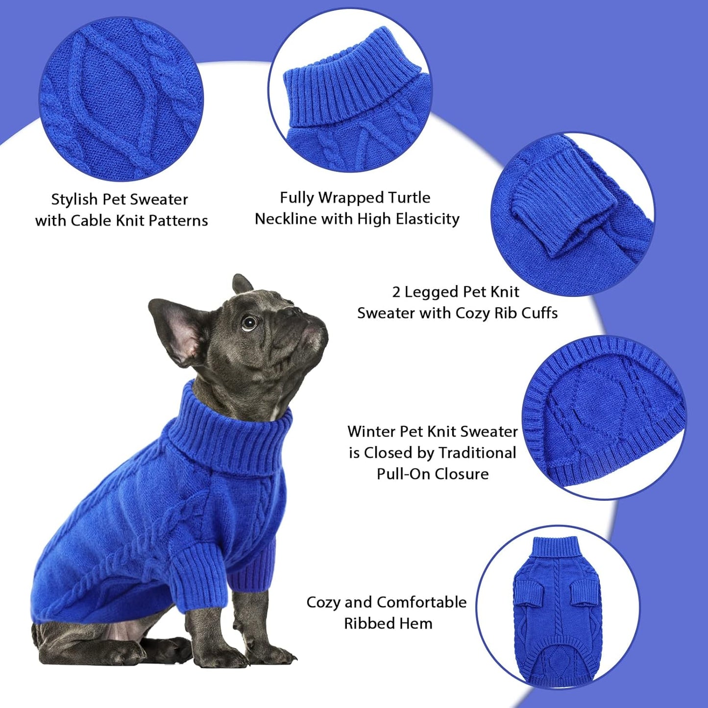 Queenmore Small Dog Pullover Sweater, Cold Weather Cable Knitwear, Classic Turtleneck Thick Warm Clothes for Chihuahua, Bulldog, Dachshund, Pug (Royal Blue, X-Large)
