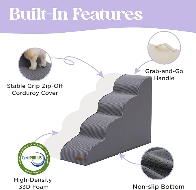 Lesure Dog Stairs for Large Dogs Pet Steps Ramp for High Bed and Couch with CertiPUR-US Certified Foam with Non-Slip Bottom, Grey, 4 Steps