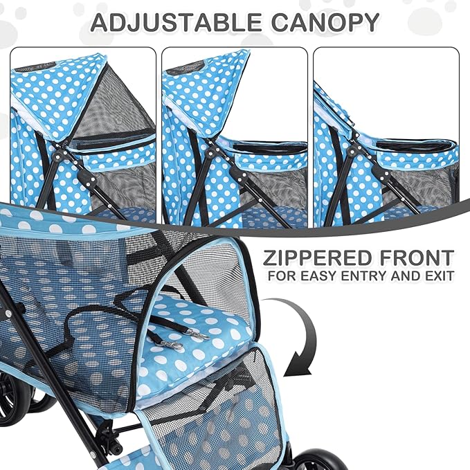 MoNiBloom 4 Wheels Pet Stroller, Easy-Fold Umbrella Shaped Dog Cat Jogger Stroller w/Storage Bag & Visible Mesh for Small/Medium Dogs Cats Sky Blue Polka Dots