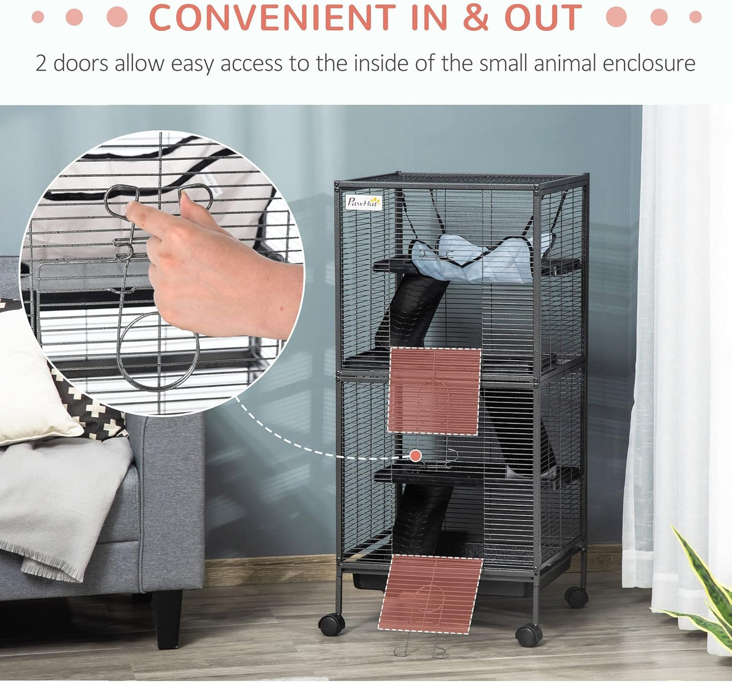 PawHut Metal Small Animal Cage, 4-Tiers Rolling Big Ferret Cage with Hammock, Removable Tray, for Chinchilla, Sugar Glider, Gray