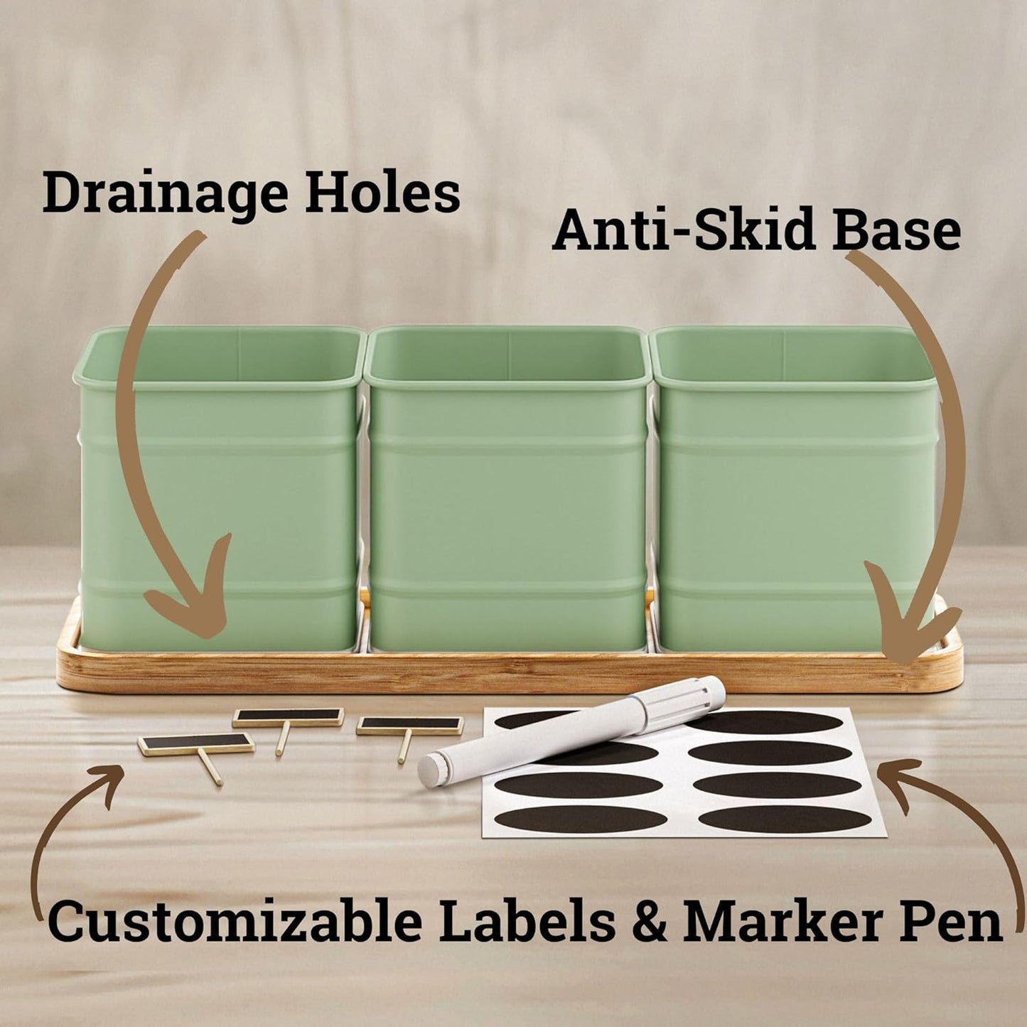 Herb Planter Indoor - 3 Iron Herb Pots with Drainage Holes, Varnished Bamboo Tray, Customizable Labels & Marker Pen - Indoor Herb Garden Planter - 3 Pots for Herbs - Inside Spice Garden - Basil Pot