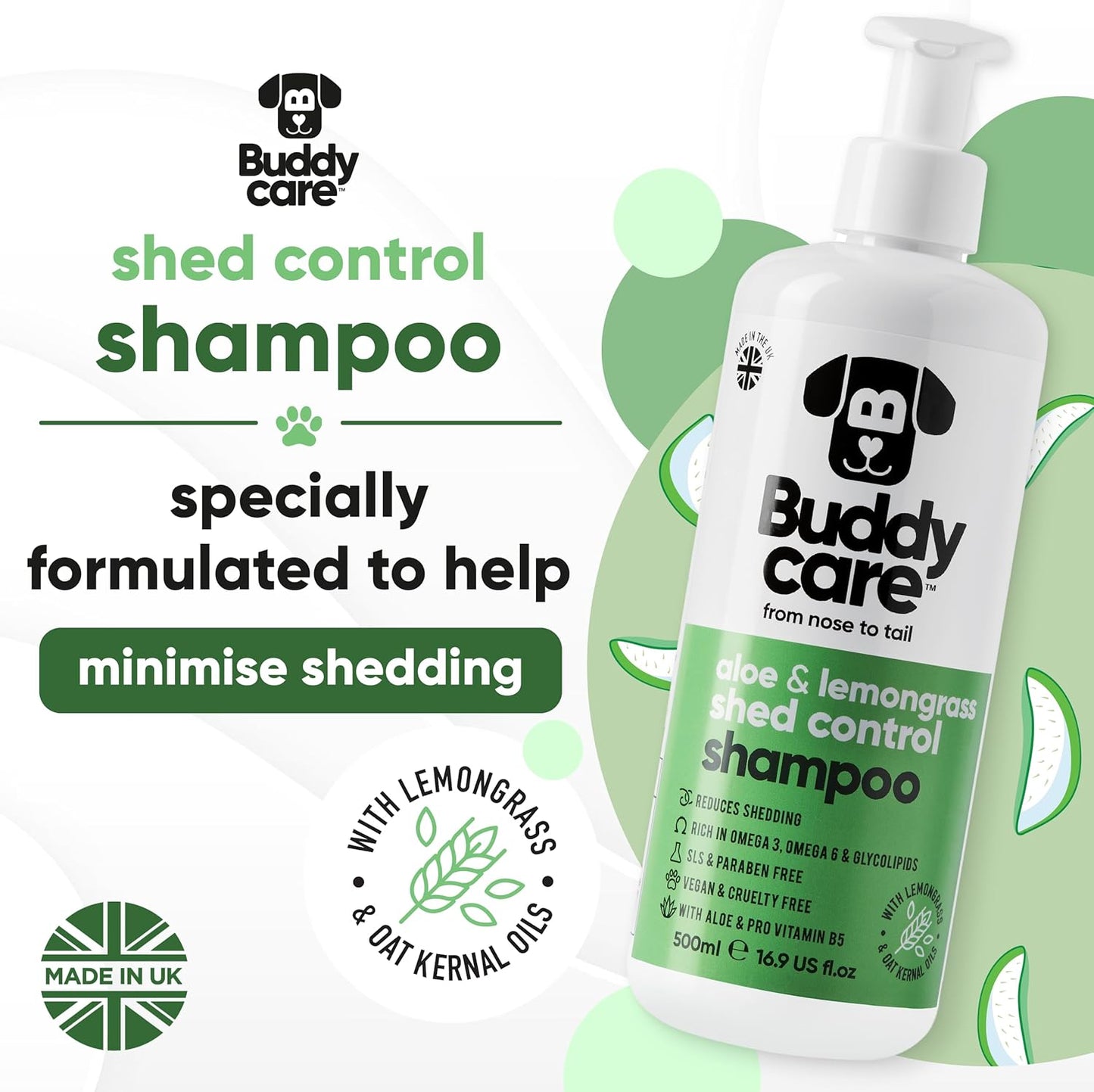 shed Control Dog Shampoo by Buddycare | Dry Skin & Itchy Skin Relief for Smelly Dogs | Deep Cleansing for Dogs Puppy Sensitive Skin | Lemongrass Scented | with Aloe & Vitamin B5 (16.90oz)
