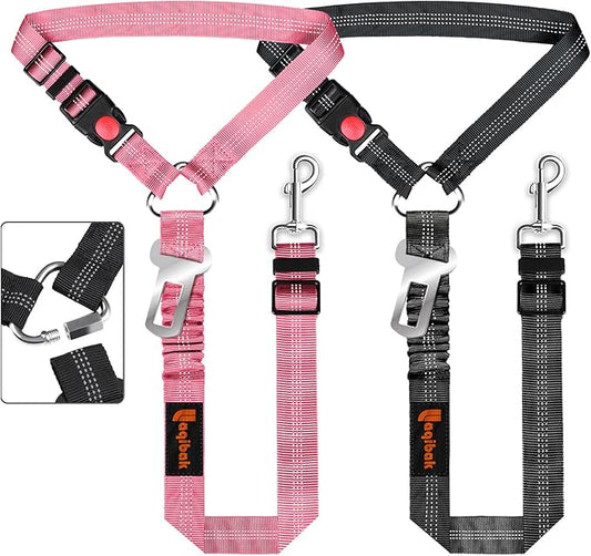 Removable Dog Seat Belt Harness for Car, 3 in 1 Pet Dog Car Seatbelt Leash, Retractable Restraint Secures to Vehicle Headrest & Adjustable Reflective Bungee Dog Seatbelt Tether, Pink and Black