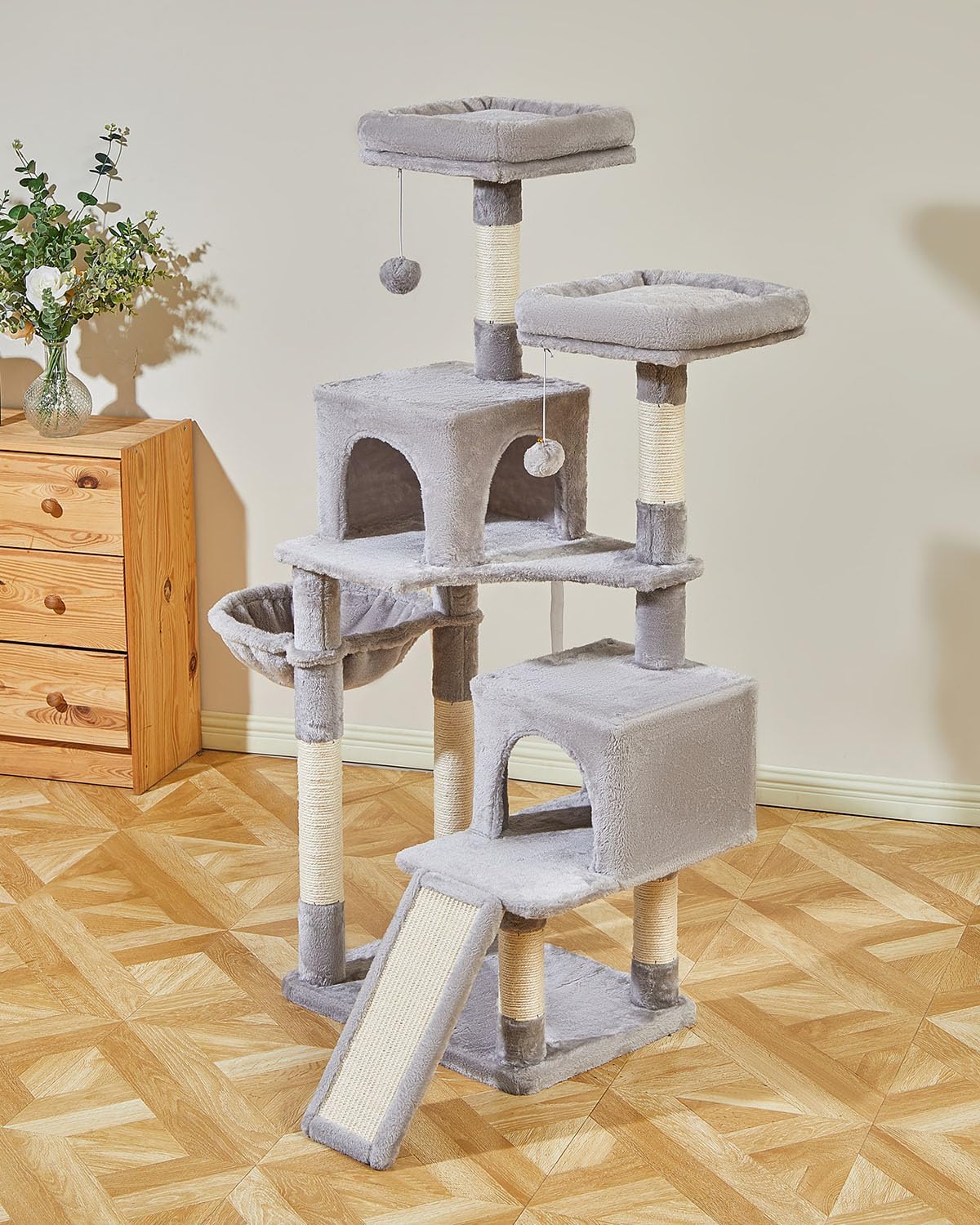 Taoqimiao 56.3-Inch Cat Tree, Cat Tower with Scratching Posts, Cat Tree House for Indoor Cats with hammocks, Toys, Condo and Large Scratch Board, Light Gray MS012W