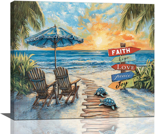 Beach Ocean Bathroom Pictures Wall Art, Seaside Coastal Bathroom Wall Decor, Sunrise Framed Painting Canvas Artwork for Bedroom Living Room Decorations 24"L x 20"W