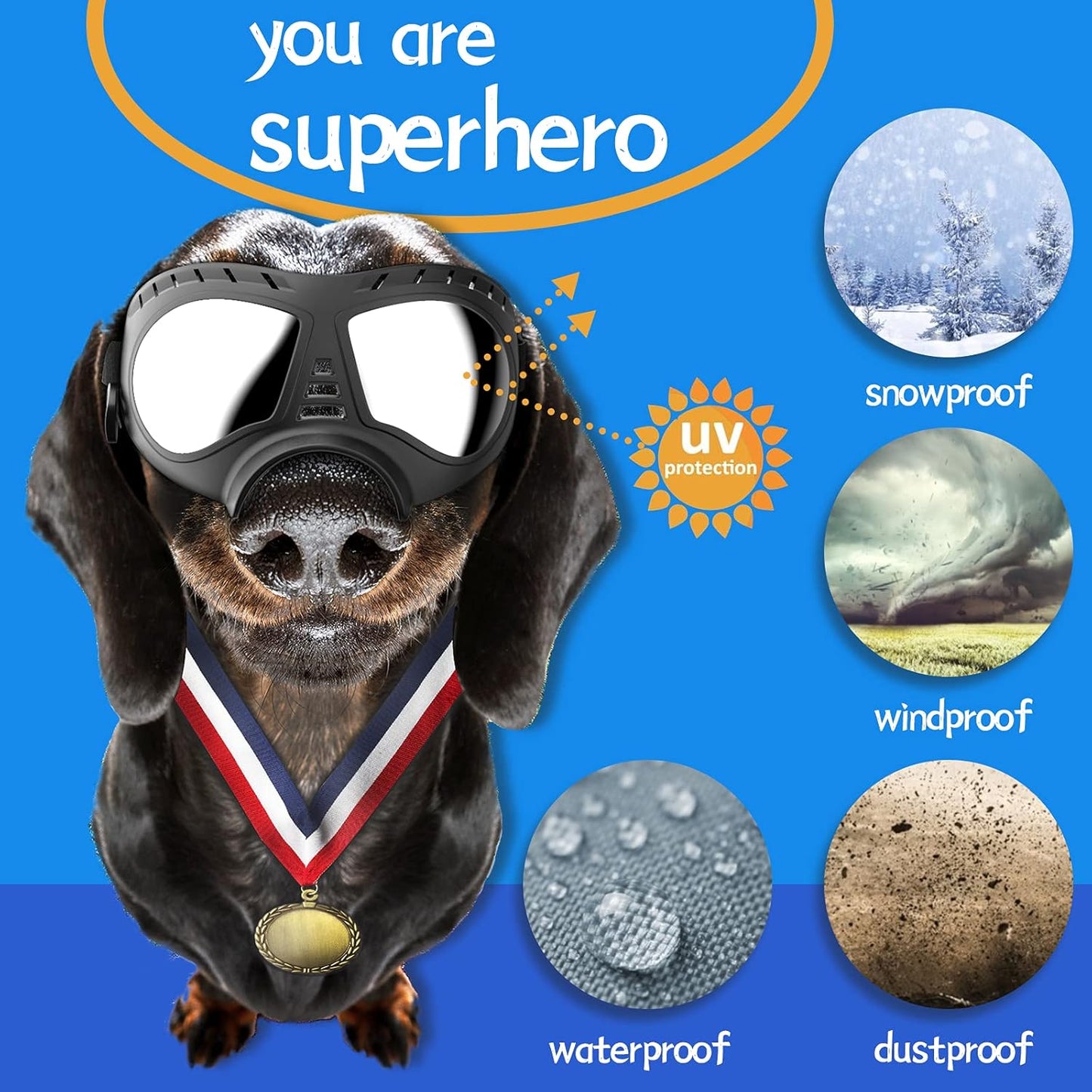 NVTED Dog Goggles Big Area Dog Sunglasses, Large Breed Windproof Snowproof Eye Protection Pet Glasses for Outdoor Driving Cycling (Large)