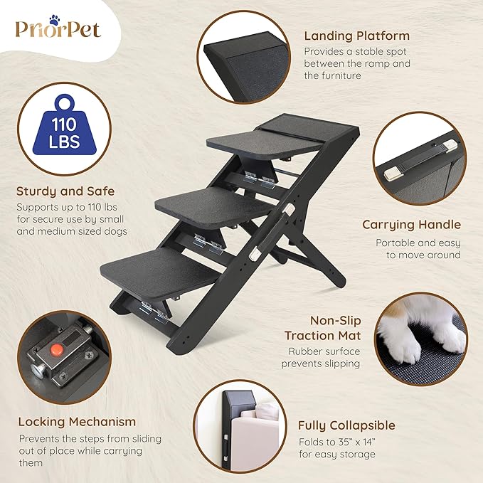 Dog Steps for Bed & Couch 2-in-1 Dog Stairs/Ramp - Height Adjustable Dog Ramp for Couch 7” - 20” - Pet Stairs, Dog Stairs for Small Dogs - Easy to Move Pet Steps with Landing Platform, Black