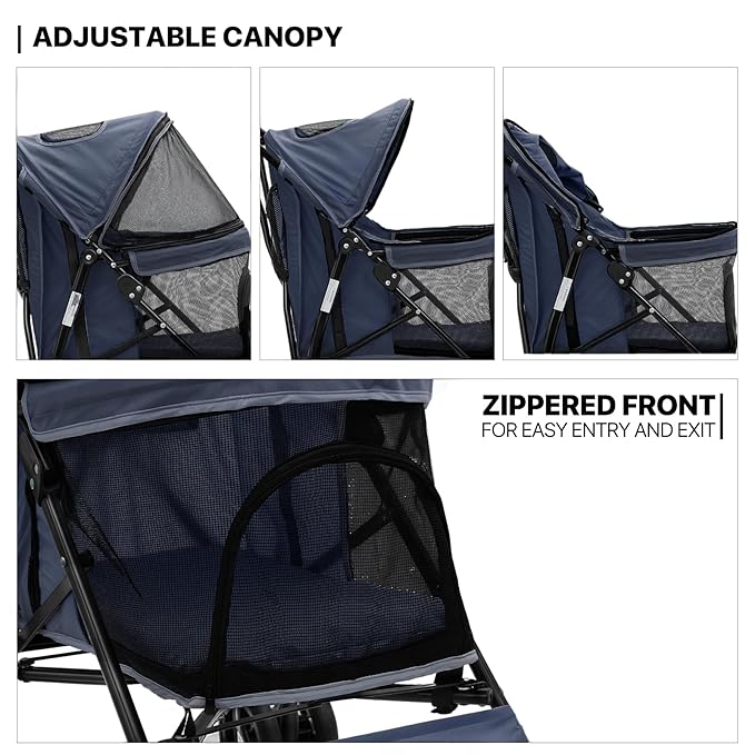 MoNiBloom 4 Wheels Pet Stroller, Easy-Fold Puppy Cage Jogger Stroller with Sun Cover, Pad and Rear Storage Bag, Breathable and Visible Mesh for Small/Medium Pets up to 22 lbs, Navy Blue