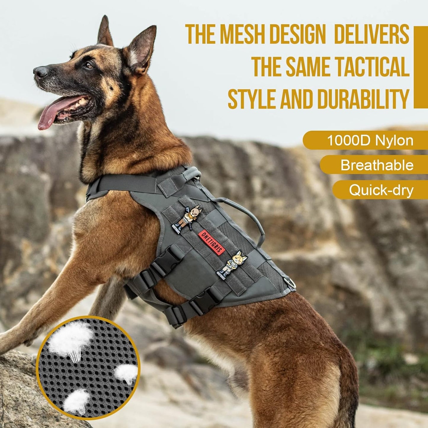 OneTigris Tactical No Pull Dog Harness for Large Dog, Mesh Design Dog Vest Harness Breathable Military Dogs Molle Vests with Handles, Service Dogs Vest Harness for Walking Hiking Training