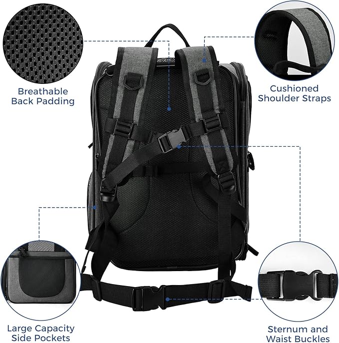 Apollo Walker Pet Carrier Backpack for Large/Small Cats and Dogs, Puppies, Safety Features and Cushion Back Support for Travel, Hiking, Outdoor Use (Gray-Expandable)