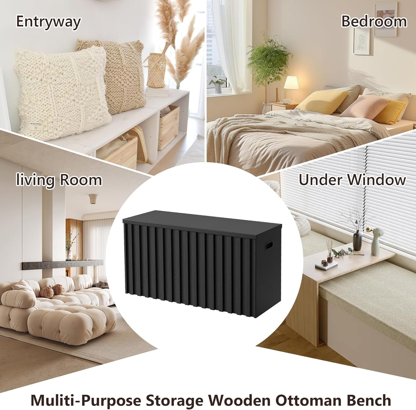 UEV Black Storage Bench Set of 2, 39.4" Fluted Wood Storage Trunk with 2 Safety Hinges, Sturdy Storage Chest, Storage Bench for Bedroom,Entryway, Living Room