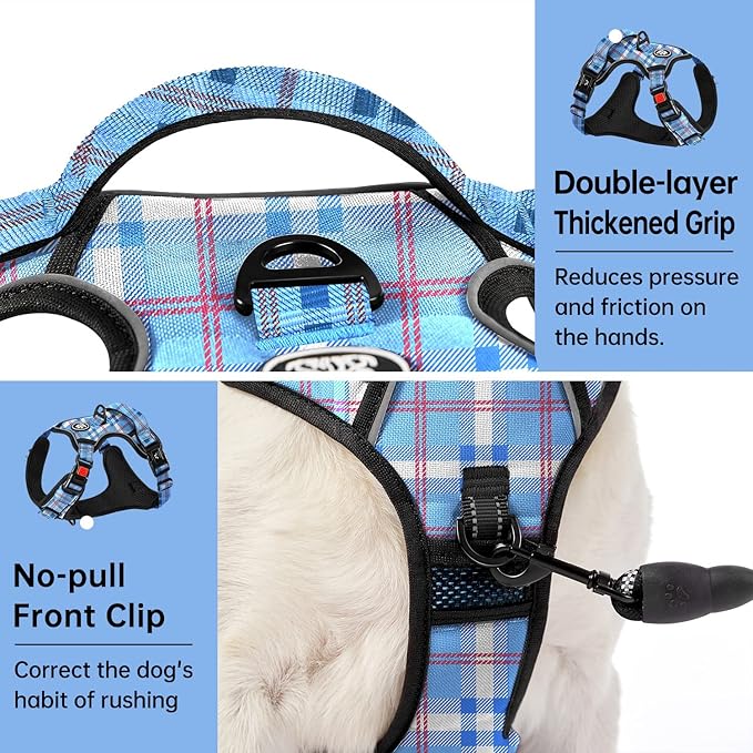 IVY&LANE No Pull Dog Harness with Leash Set, Reflective No Choke Pet Vest,Adjustable Oxford Dog Vest Harness with Easy Control Handle for Large Dogs (Checkered Blue,L)