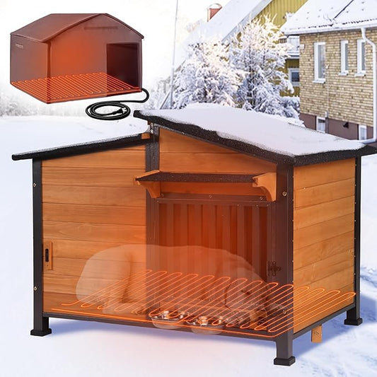 GUTINNEEN Heated Dog House Outdoor with Electric Heating Pad, Insulated Wooden Dog Kennel with 360° Rotating Feeding Bowl, Anti-Chewing Metal Frame, Natural Wood Color