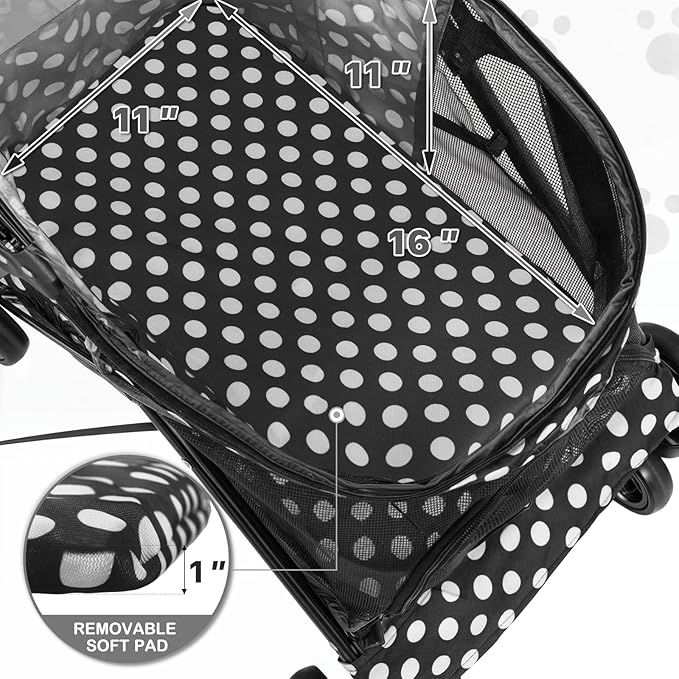 MoNiBloom 4 Wheels Pet Stroller, Easy-Fold Umbrella Shaped Dog Cat Jogger Stroller w/Storage Bag & Visible Mesh for Small/Medium Dogs Cats Black Polka Dots
