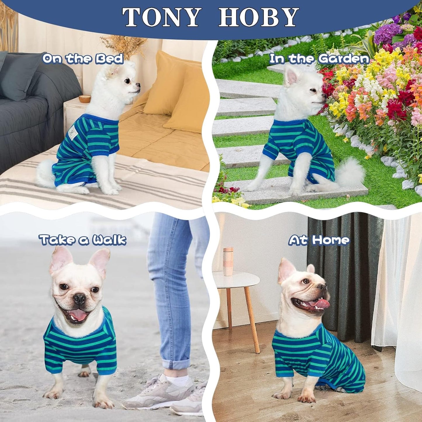 TONY HOBY Dog Pajamas for Medium Small Dogs, Dog Jumpsuit with Stripes 4 Legged Pajamas, Soft Dogs Pet Clothes (Blue&Green, Girl, XL)