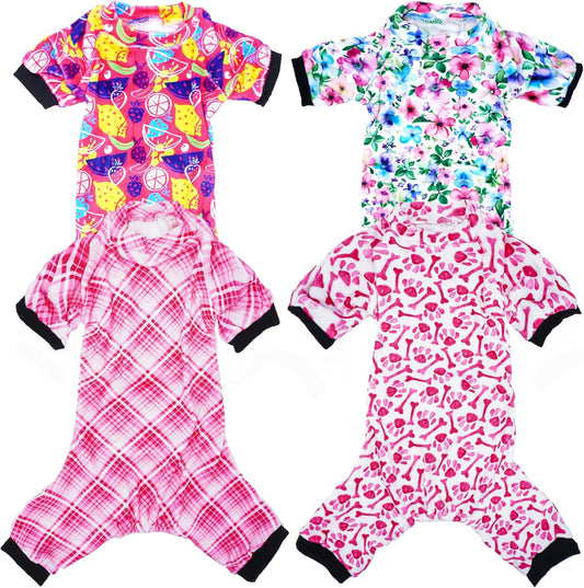 PET SHOW 4 Pack Small Dog Pajamas Cute Paw Bone Clothes for Medium Dogs Soft Stretchy PJs Plaid Jumpsuit Puppy Floral Fruits Onesies Outfits with Sleeve Pets Dachshund Costume(XL, Pink for Girls)