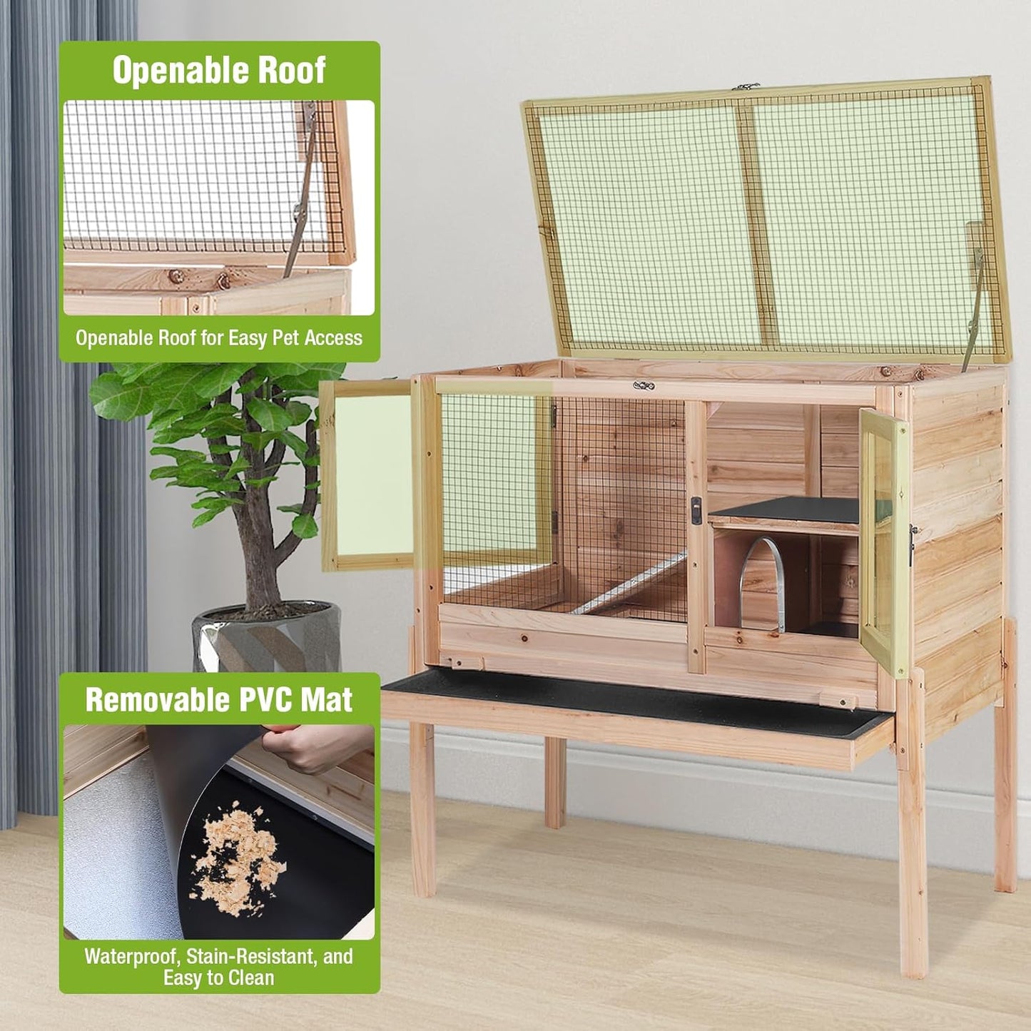 GUTINNEEN Wooden Rabbit Hutch Bunny Cage Guinea Pig Cage with Legs for Indoor & Outdoor, 2-Story Small Animal Cage with Leakproof Pull-Out Tray for Bunnys, Guinea Pigs, Hamsters (Natural Wood)