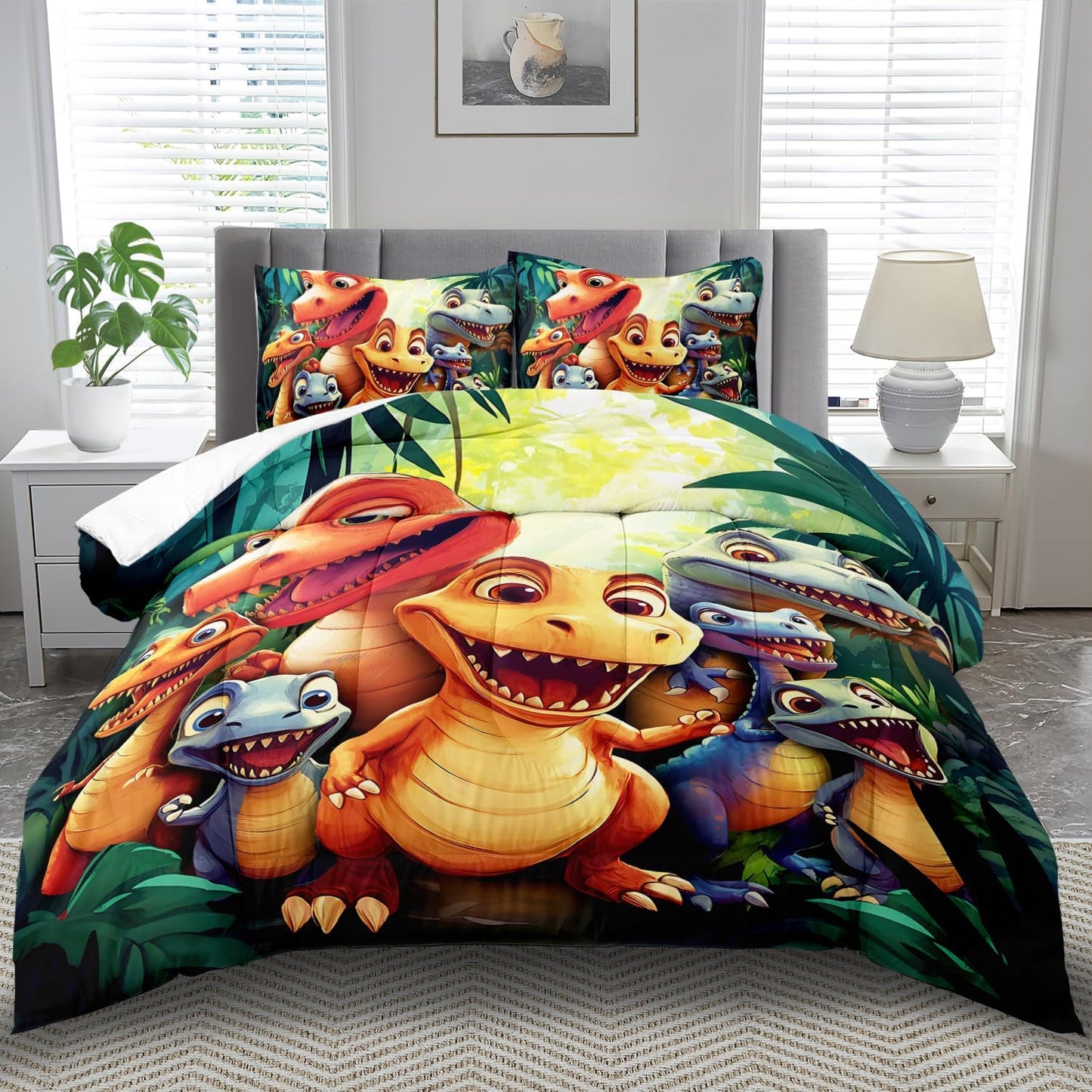 Dinosaur Comforter Set Queen Boys,Cartoon 3D Dinosaur Bedding Set Queen Bed Kids,3D Dragon Comforter Dragon Quilt Pattern Bedroom Decor,Cute Animal Bedding Kawaii Animal Quilt Girls