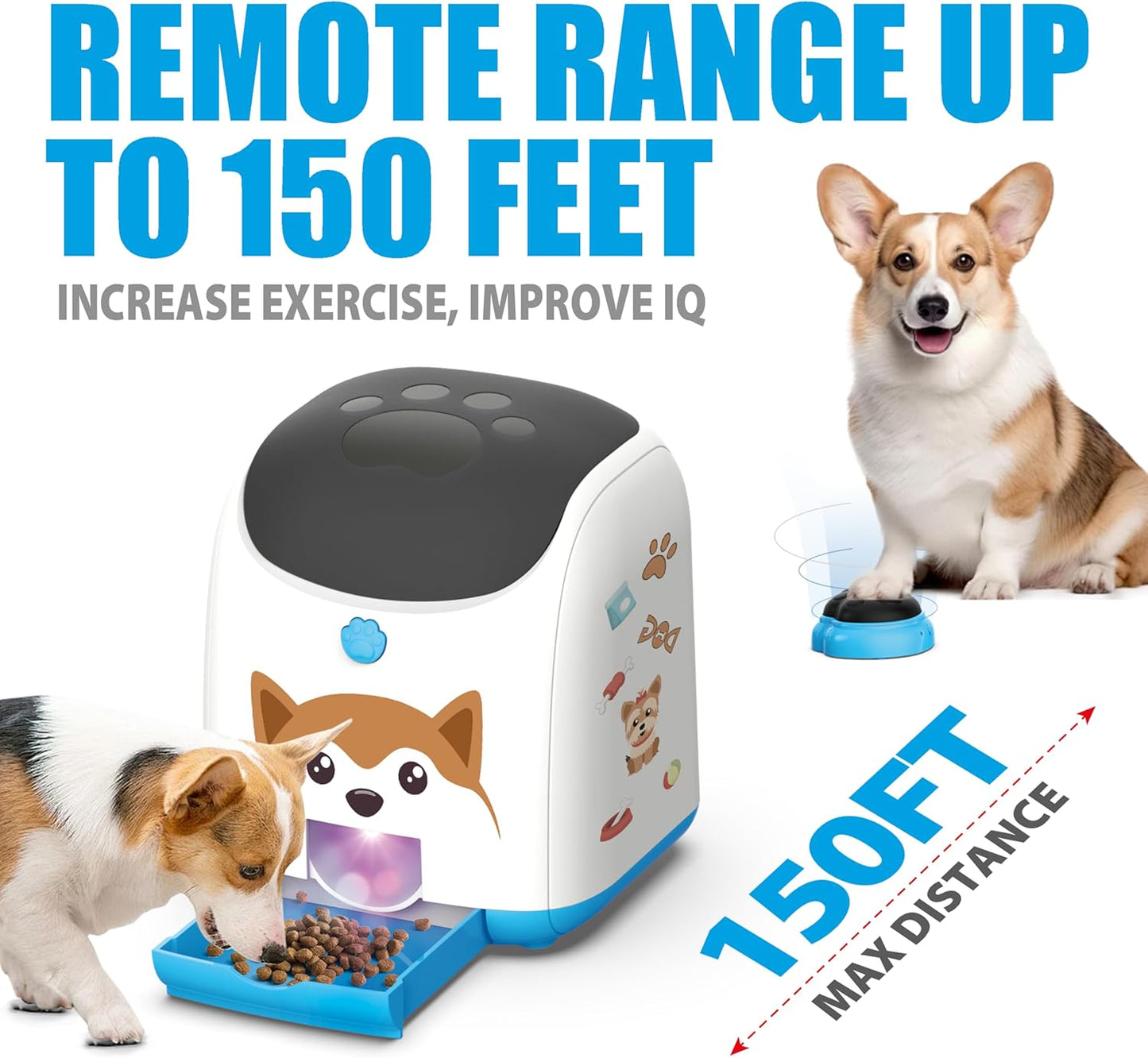 Dog Puzzle Feeder Toy, Automatic Dogs Treat Dispenser,Interactive IQ Training, Dog Slow Feeder,Remote Button Treat Dispenser,All Breeds,Large Capacity with Light (Blue)