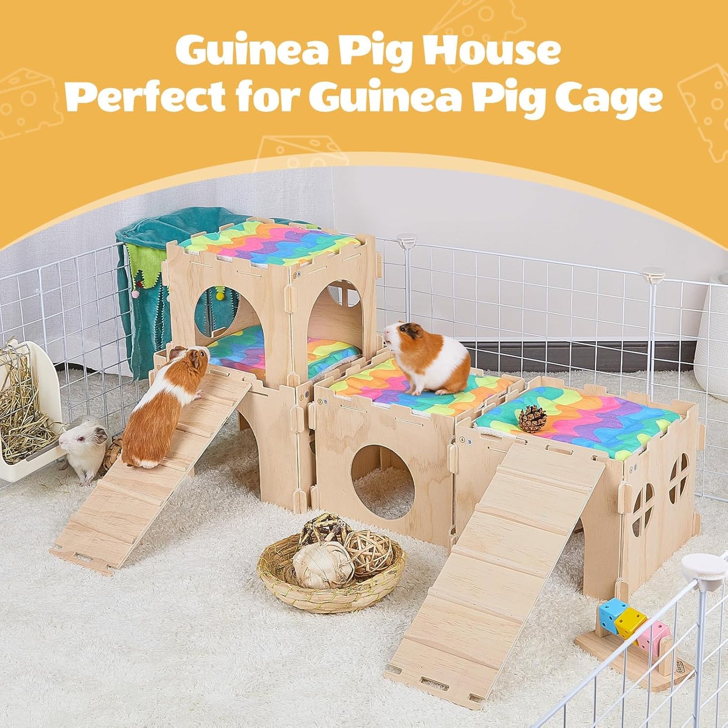 Guinea Pig Hideout, Guinea Pigs House with Stairs and Mats Extra Large Guinea Piggy Castle Detachable Hideouts for Small Animals Wooden Guinea Pig Habitats with Multiple Doors and Windows