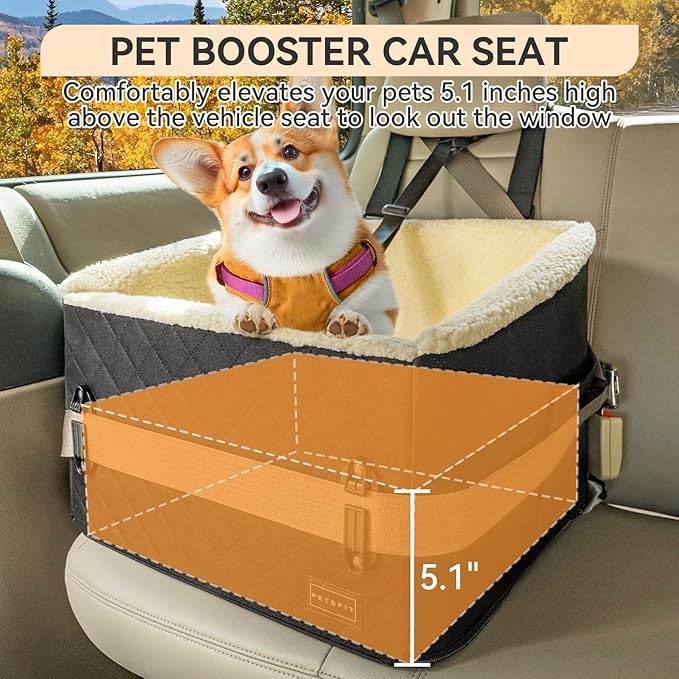 PETSFIT Dog Car Seats for Small Dogs, Soft Foam Dog Booster Seat with Patented Safety Buckles, Storage Pockets and Detachable Clip-On Safety Leash, Dog Car Seat for Medium Dogs 30 LBS (Black)