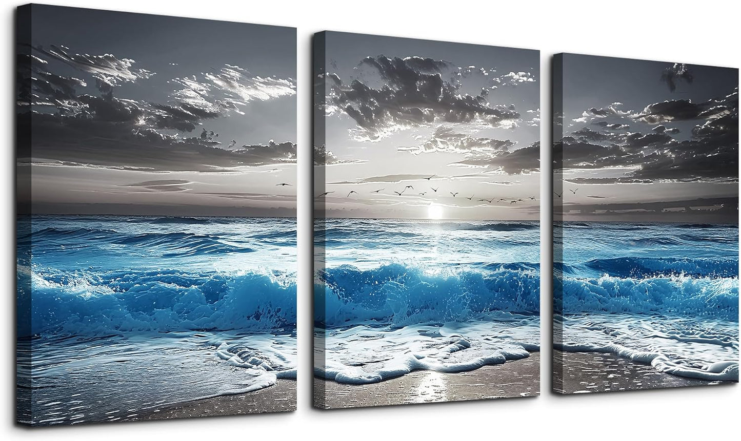 TTHYUEWS Black And White Beach Wall Pictures Wall Decor For Living Room Canvas Wall Art For Bedroom Office Decorations Blue Sea Wave Ocean Paintings Artworks Canvas Art Modern Home Decor 3 Pieces