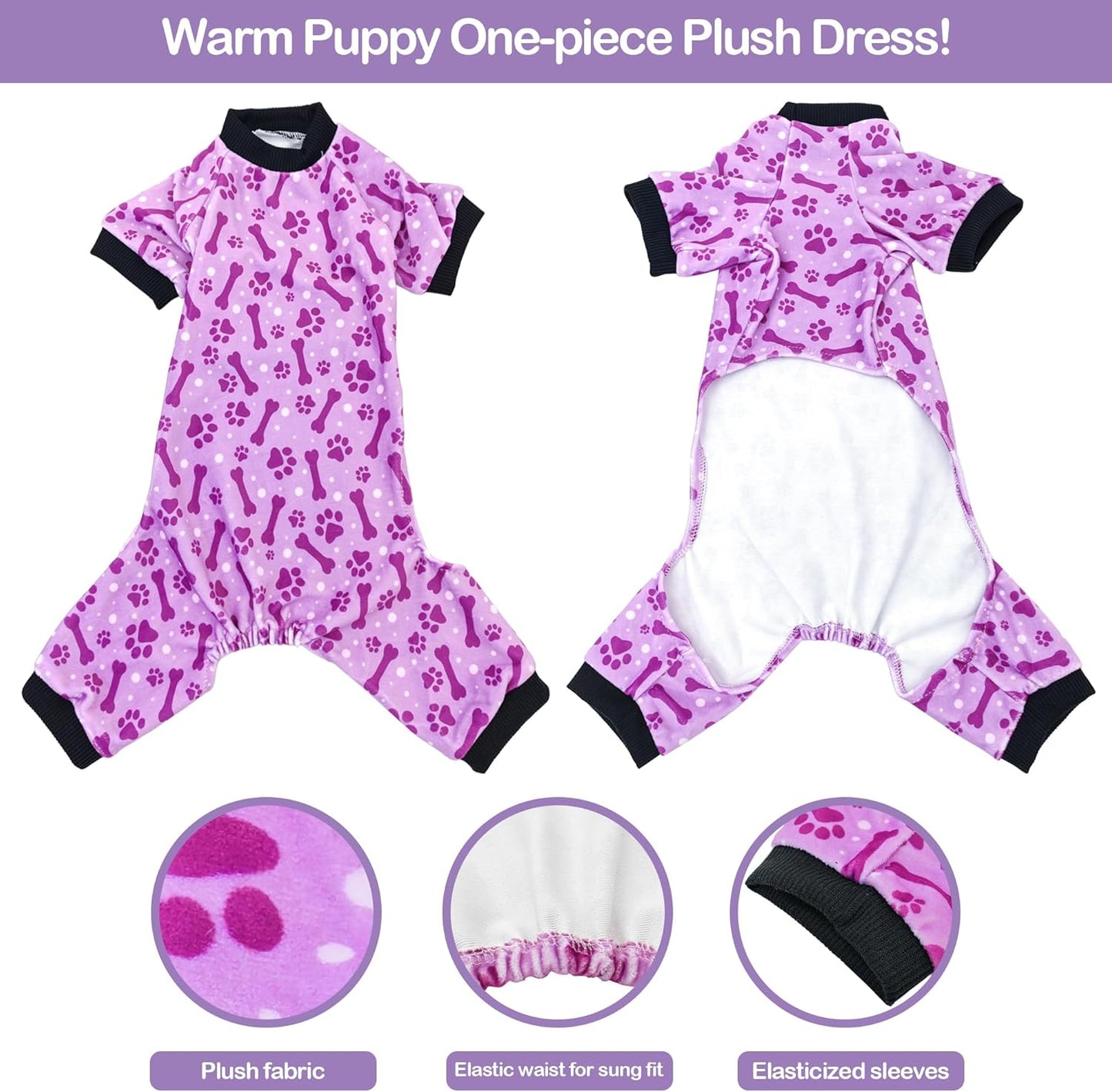 PET SHOW 4 Pack Small Dog Pajamas Paw Bone Patterns Cute Clothes for Medium Dogs Soft Fleece Stretchy PJs 4 Legged Jumpsuit Puppy Cats Onesies Outfits with Sleeve Dachshund Doggies Girl Boy (Large)