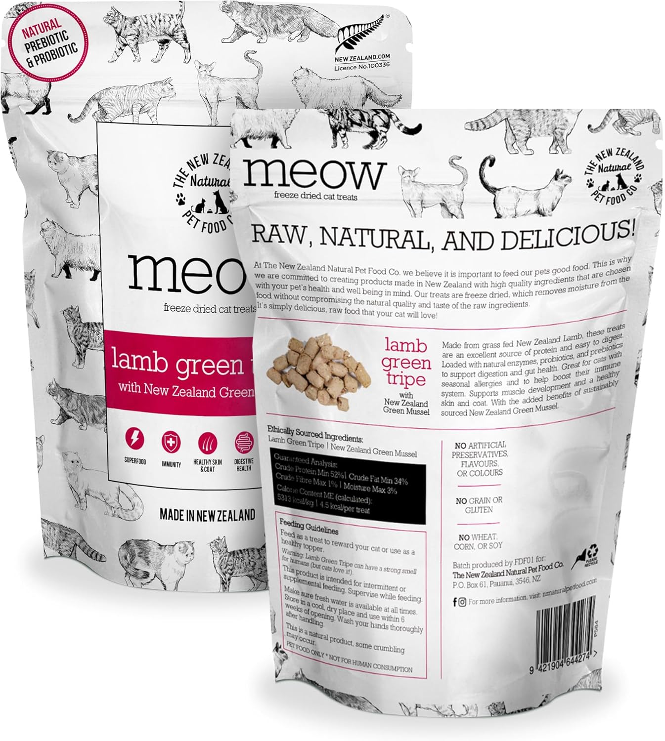 The New Zealand Natural Pet Food Co MEOW Freeze Dried Cat Treats - Lamb Green Tripe with New Zealand Green Mussel, High Protein, Healthy Cat Snacks and Toppers, All Natural for all Life Stages, 1.4 oz
