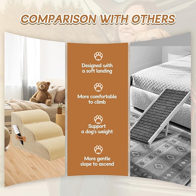 Romrol Dog Stairs Ramp for Beds Couches, Extra Wide Pet Steps with Durable Non-Slip Waterproof Fabric Cover, Dog Slope Stairs for Small Dogs and Cats or Pets Friendly, 3-Tiers, 13 Inch,Beige