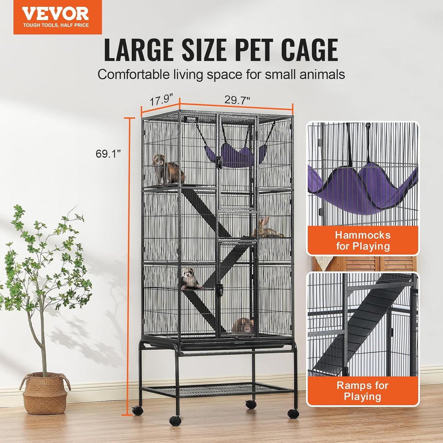VEVOR 69" Rolling Metal Ferret Cage, Large 4-Tier Critter Nation Cage, Small Animal Cage with Ramps & Tray, Easy to Set up for Pet Mice, Hamster, Guinea Pig, Chinchilla, Squirrel, Hedgehogs, Bunny