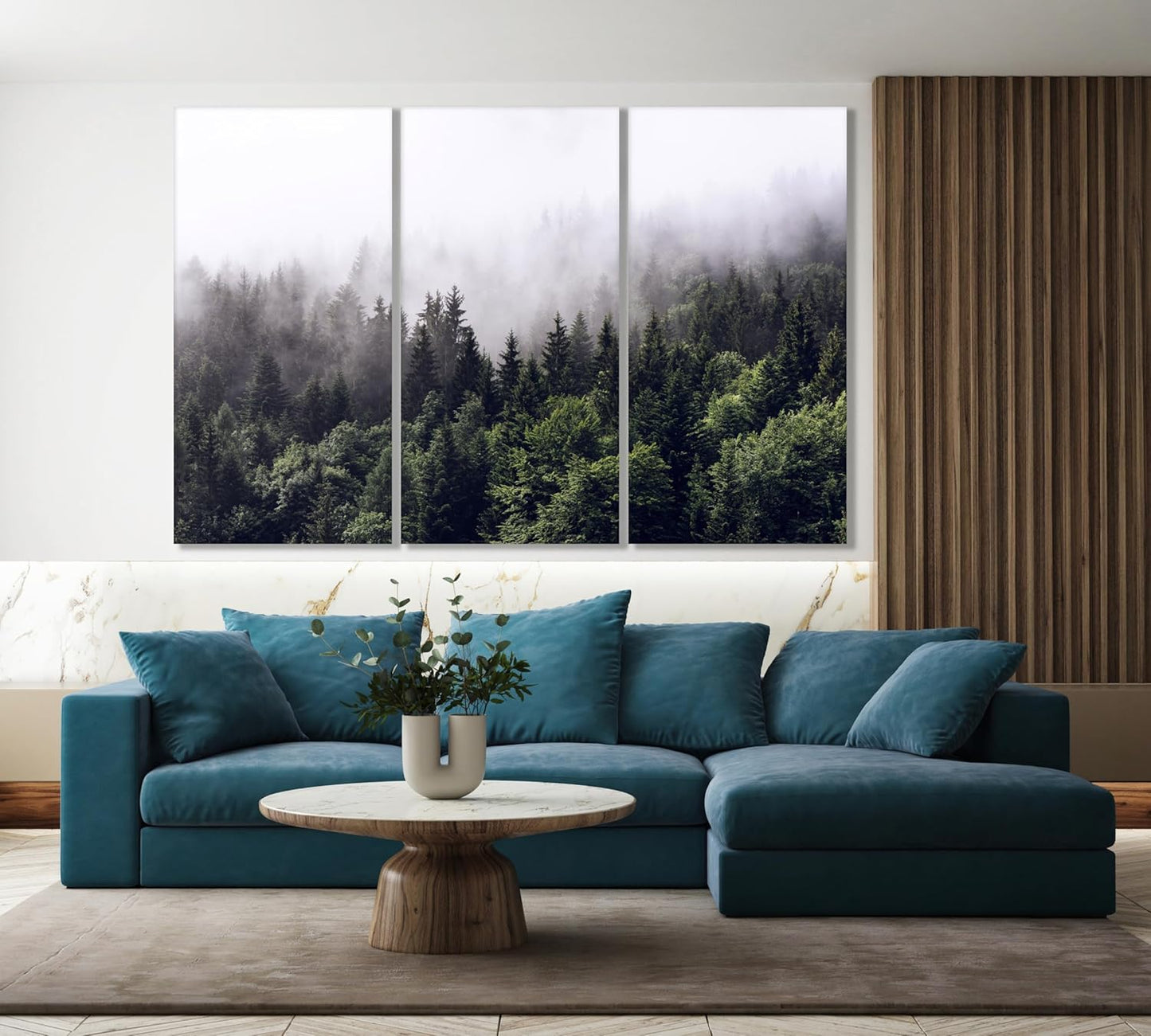 Nature Wall Art Prints - Ocean Forest Mountain Lake Canvas Landscapes - Small to Extra Large Living Room Bedroom Kitchen Bathroom Décor (Foggy Pine Forest, 71x47 Inches - 5 Panels)