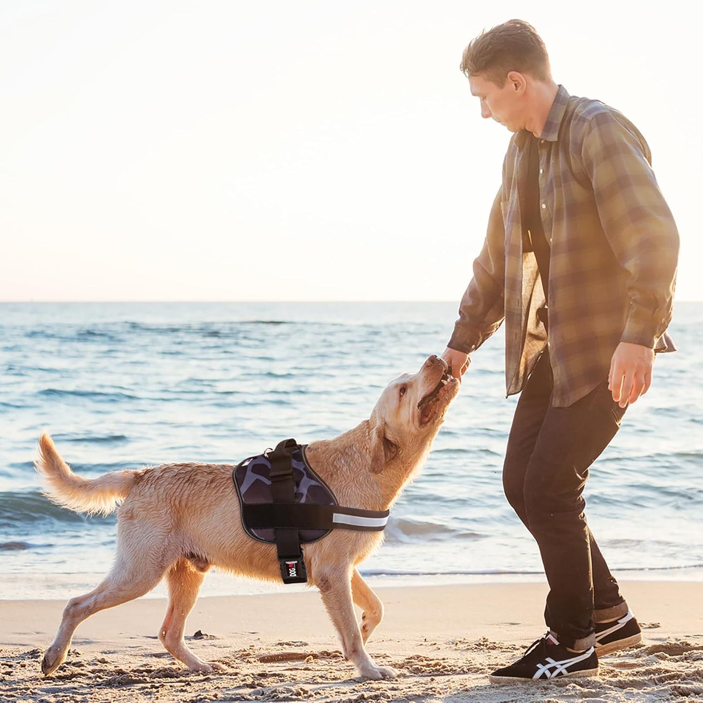 Dogline Dog Harness, Reflective No-Pull Adjustable Vest with Handle for Walking, Training, Breathable, No - Choke Harness for Small, Medium or Large Dogs Room for Patches Girraffe Grey M 22"-28"