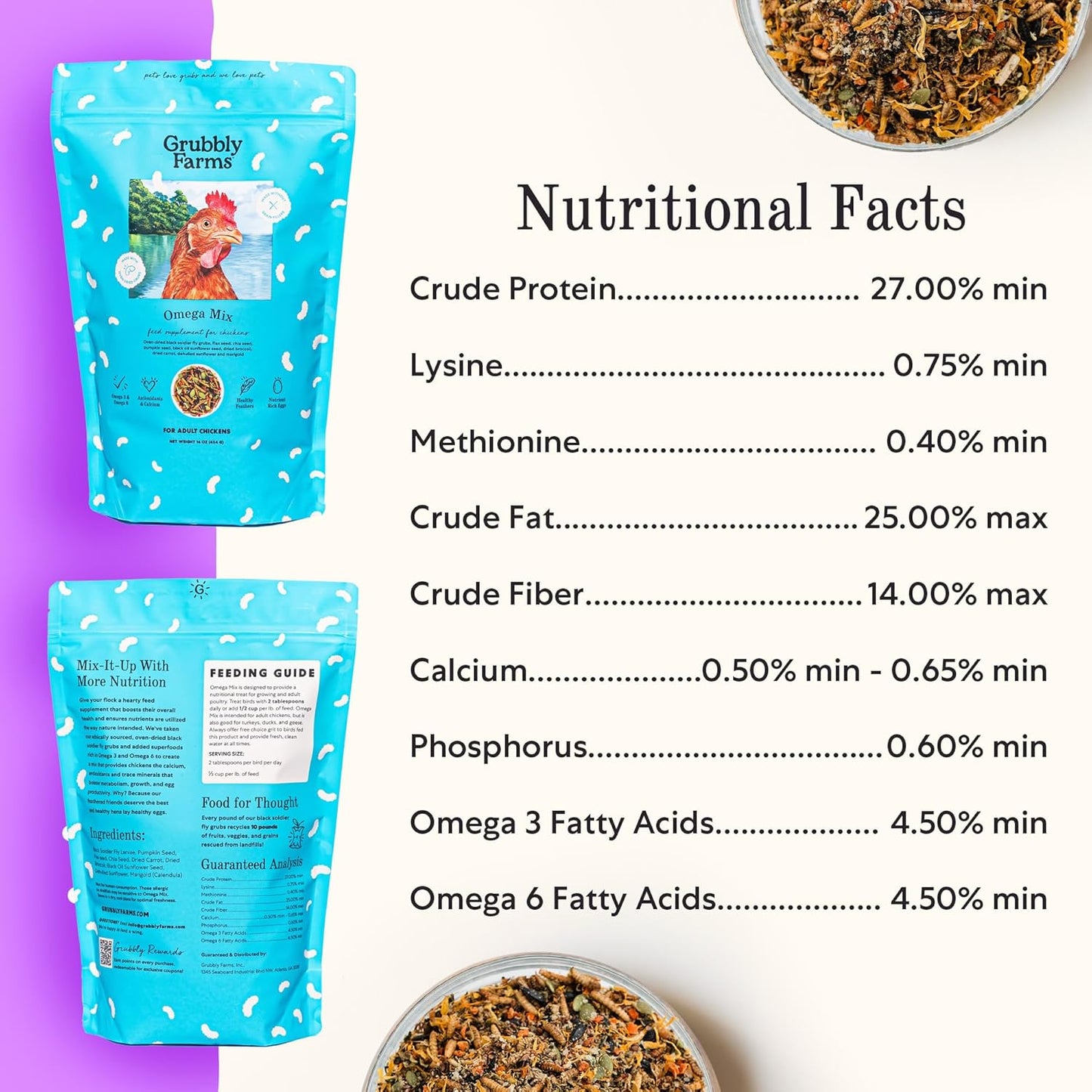 Grubbly Farms Omega Mix Chicken Treats for Laying Hens - Superfood and Omega-Rich Chicken Feed Supplement to Support Egg Production, Strong Eggshells and Nutritious Yolks - 1LB