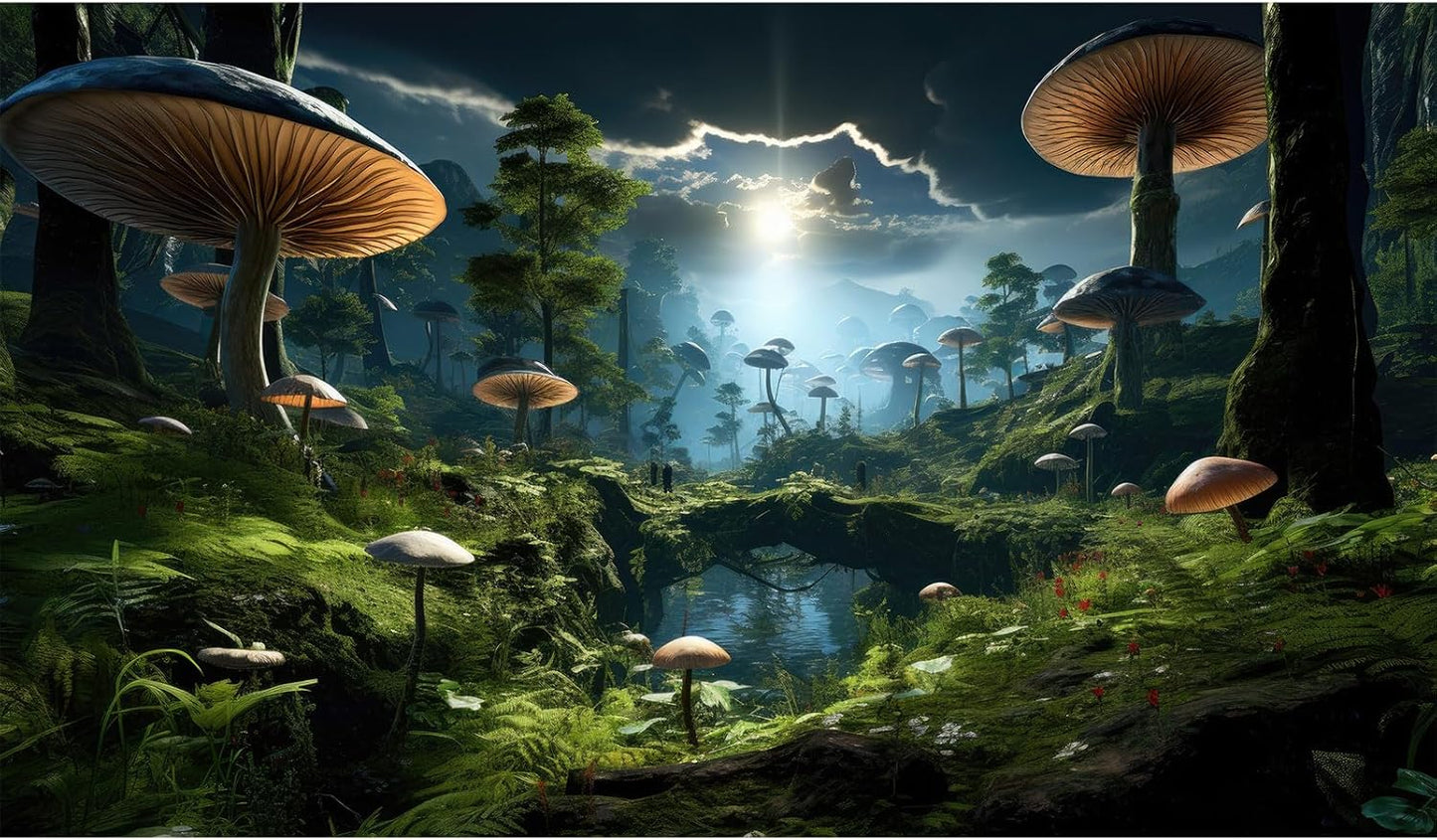 Fantasy Mushrooms Landscape Aquarium Background Tranquil Stream Cloudy Sky Terrarium Background Lush Green Tropical Plants Trees Fish Tank Backdrop Decoration Tank Background Poster 36x18in