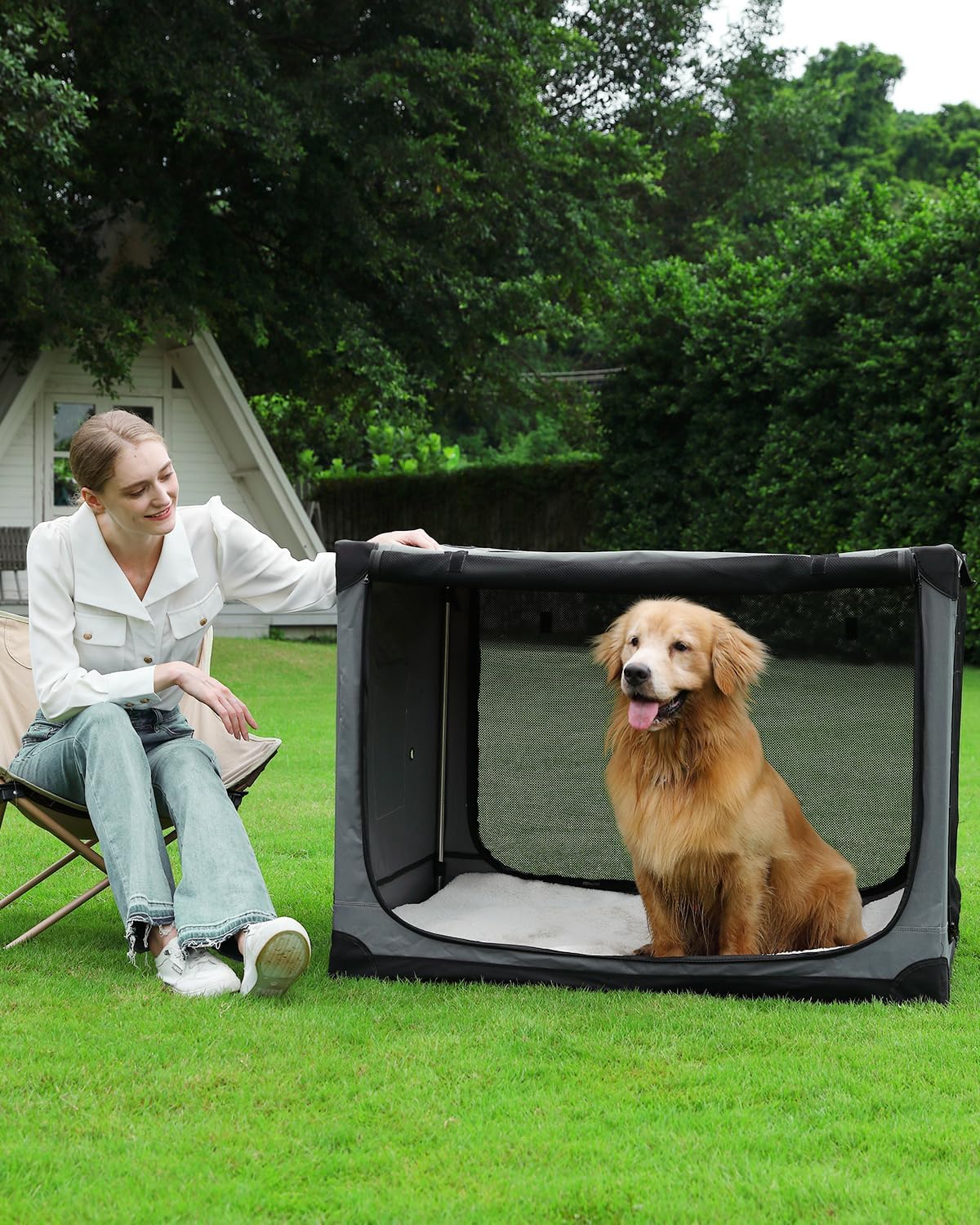 42 Inch Collapsible Travel Dog Crate for Medium Large Dogs, Portable Dog Crate 4-Door Foldable Soft Kennel with Durable Mesh Windows for Indoor & Outdoor Travel, with Storage Bag,Grey