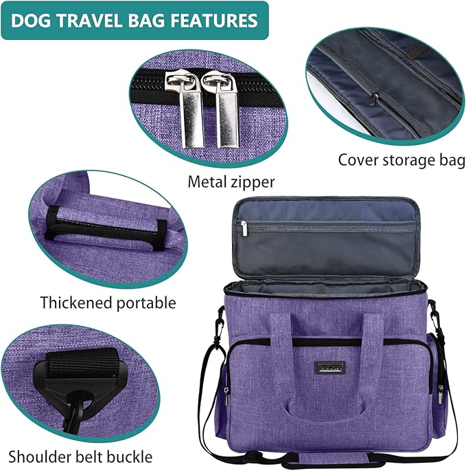 BAGLHER Dog Travel Bag, Airline Approved Pet Tote Organizer with Multi-Function Pockets, 2 X Food Storage Containers and 2 X Collapsible Dog Bowls, Perfect Weekend Pet Travel Set for Dog, Cat Purple