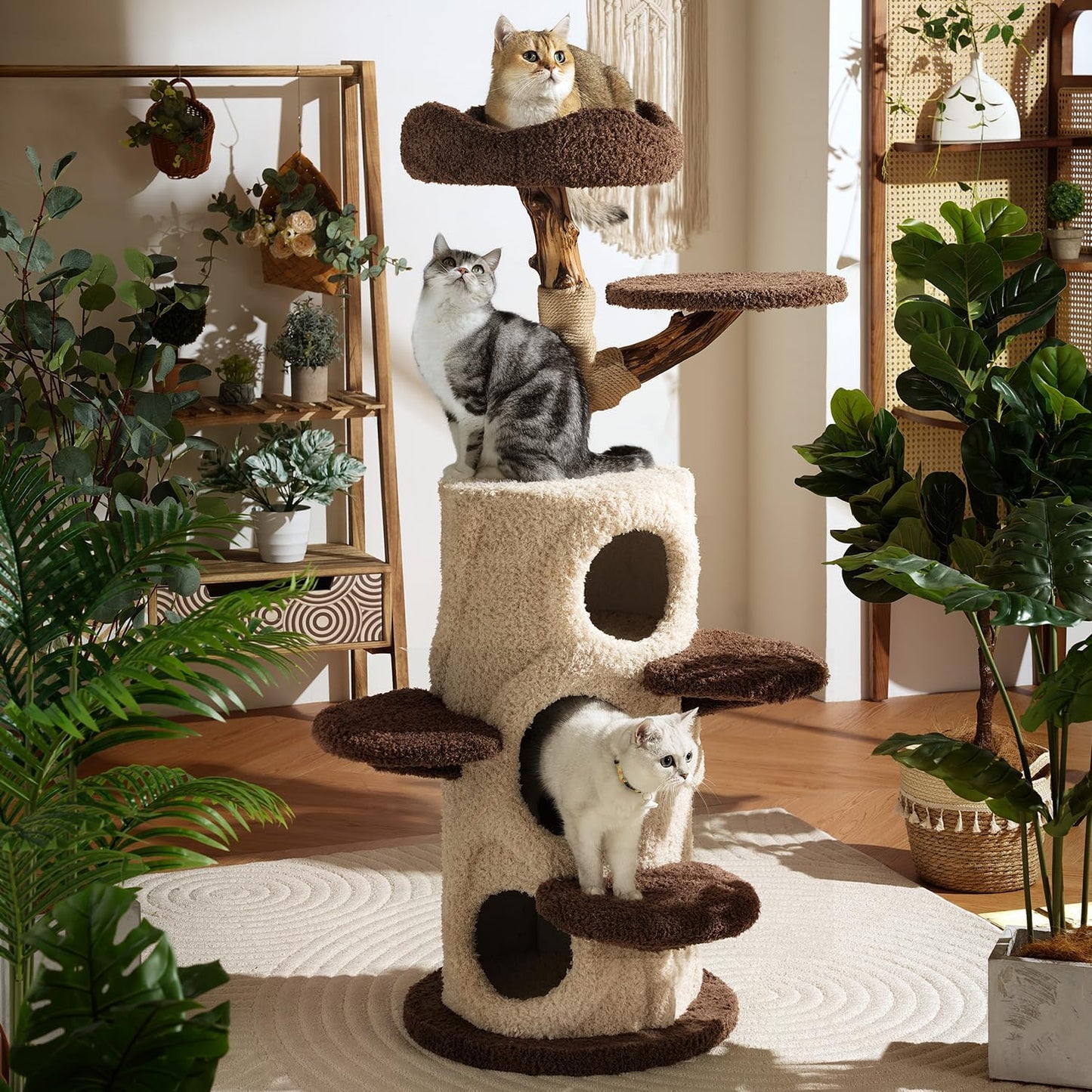 Luxury Treehouse Cat Tree for Indoor Large Cats,54.7'' Tall Modern Wood Cat Tower with 3 Level House,4*Cozy Perch,1*Soft Viewing Bed,Heavy Duty Wide Base,Sisal Scratching Post (54.7inch)