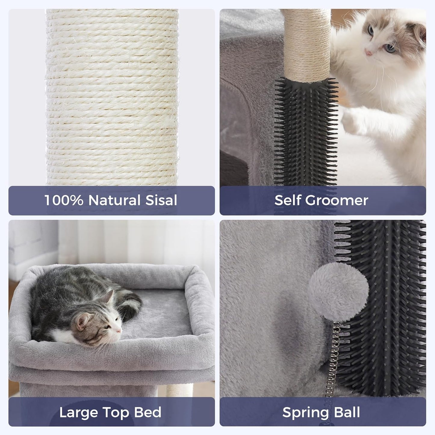 Cat Tree with Large Top Bed 17.7x15.7” Small Cat Tower with Dual Condos,28” Fully Scratching Post and Self Groomer for Indoor Cats-Grey