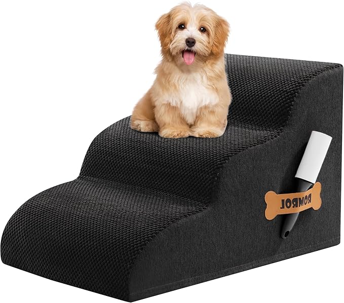 Romrol Dog Stairs Ramp for Beds Couches, Extra Wide Pet Steps with Durable Non-Slip Waterproof Fabric Cover, Dog Slope Stairs for Small Dogs and Cats or Pets Friendly, 3-Tiers, 13 Inch,Black
