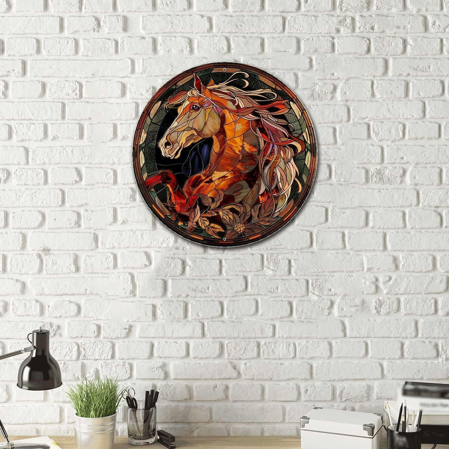Lygond Metal Sign Tin Sign Circular Stained Glass Horse Gardening Poster for Pet 8×8 Inches