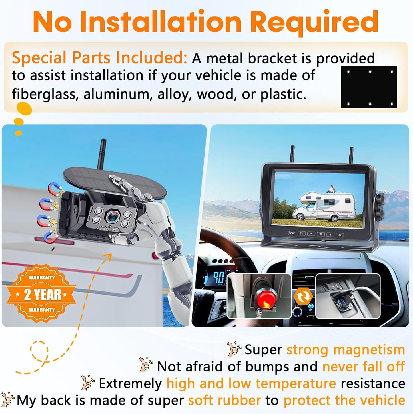 Wireless Backup Camera for RV Install-Free 7-Inch: Magnetic HD 1080P Recording Solar Rear View Camera No-Delay Signal with Touch Button Monitor System Y08