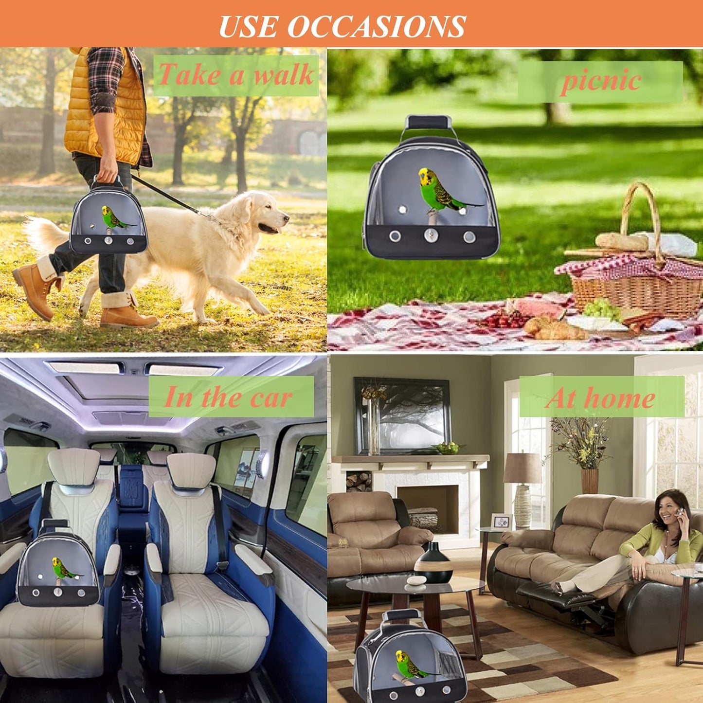 Bird Carrier with Stand & Tray, Small Bird Travel Cage for Parrot & Parakeet, Shoulder Strap - Black