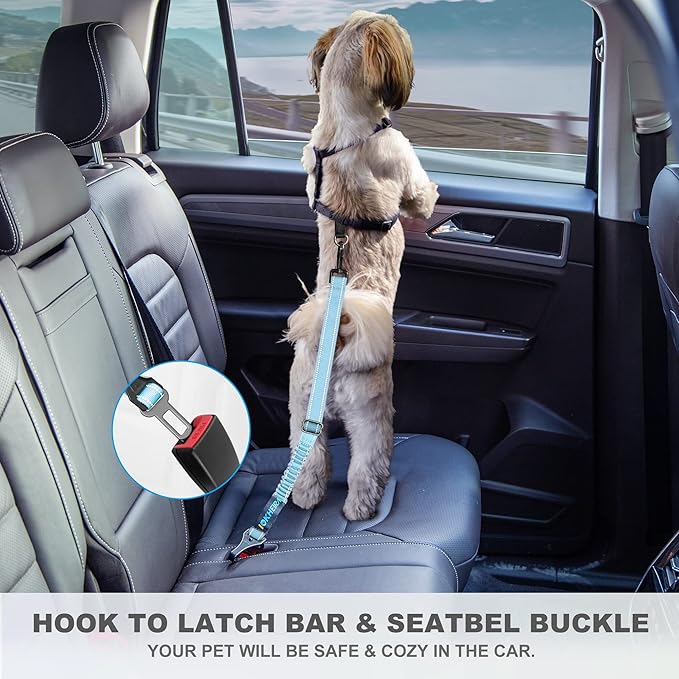 Dog Seat Belt 3-in-1 Car Harness for Dogs Adjustable Safety Seatbelt for Car Nylon Reflective Bungee Fabric Dog Car Harness with Clip Hook Latch & Buckle, Swivel Zinc Alloy Carabiner (Light Blue)