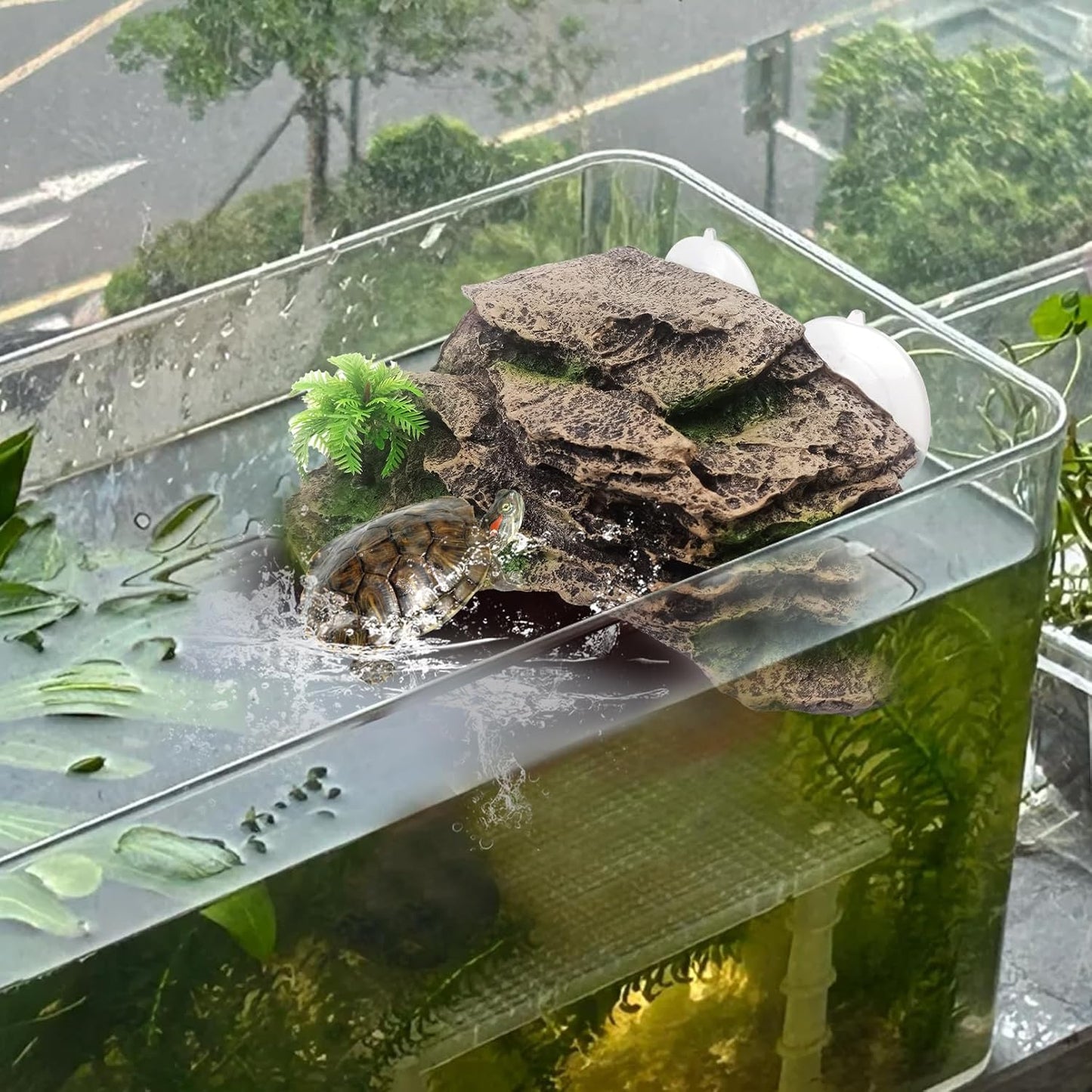 kathson Turtle Basking Platform with Suction Cup,Turtle Ramp Climbing Basking Platform Artificial Plants Decor Resting Basking Terrace Aquarium Ornament Rock for Turtle Frogs Lizards Bearded Dragon