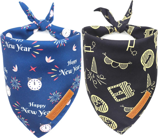 Realeaf Happy New Year Dog Bandanas 2 Pack, Reversible Holiday Pet Scarf for Boy and Girl, Premium Durable Fabric, Bandana for Small Medium Large and XLarge Dogs (X-Large)